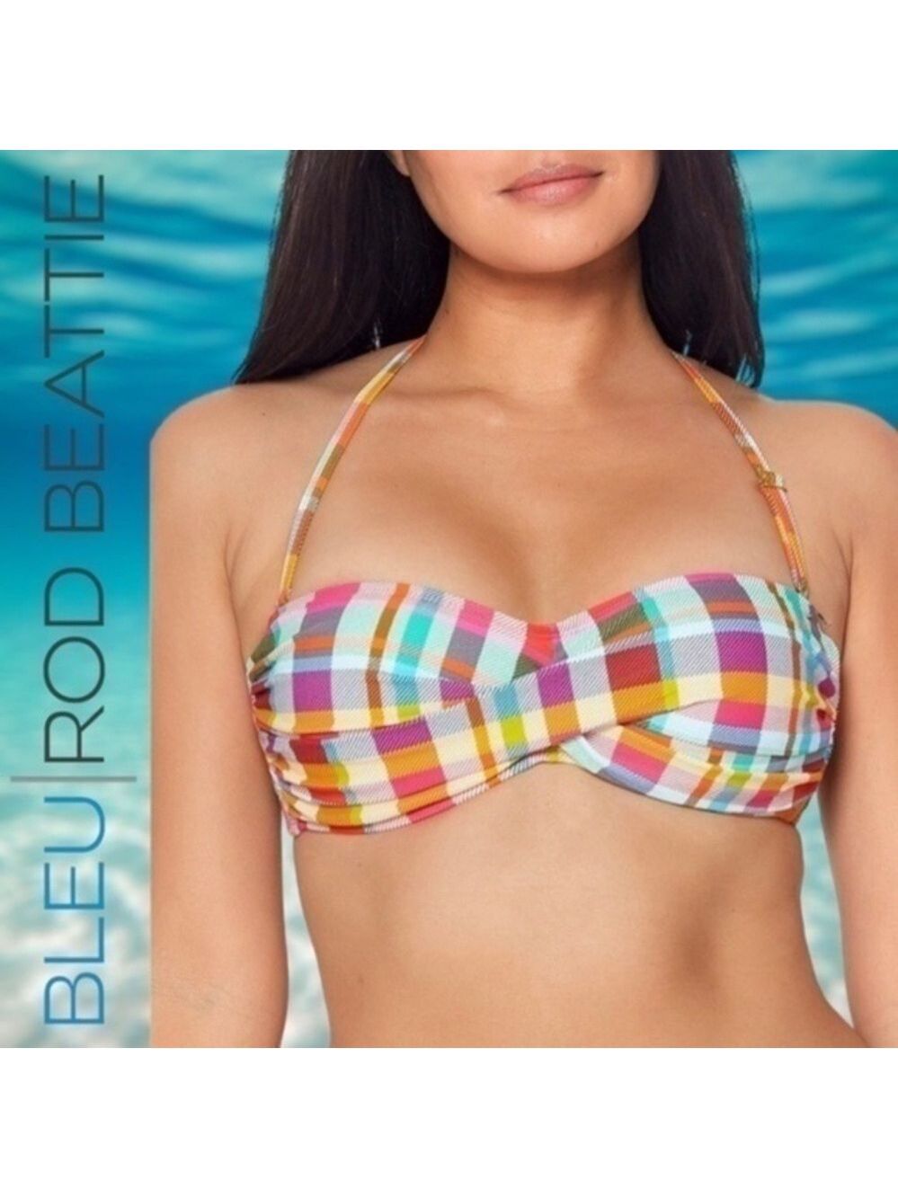 INTO THE BLEU Plaid Twist-Bandeau Convertible Strap Bikini/Swim Top NWT/Sz.14